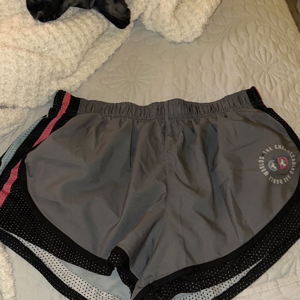Varsity Gray Women's Athletic Shorts with Pink and Black Accents
